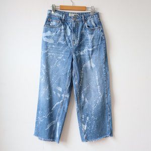 Topshop Moto Wide Leg Bleach Pattern Distressed Raw Hem Blue Jeans
